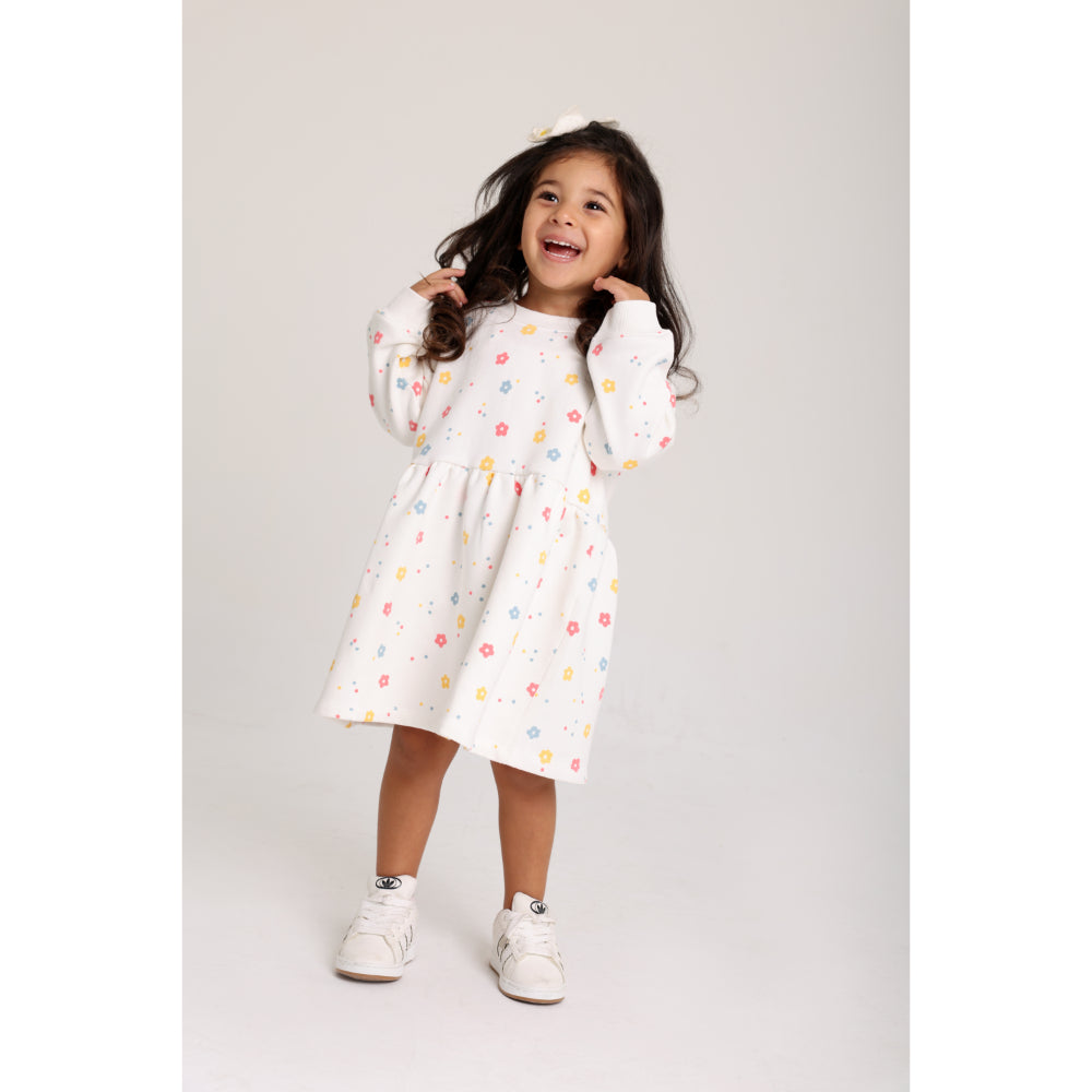 Baby Girls Cotton Dress – Off-White with Flowers Print