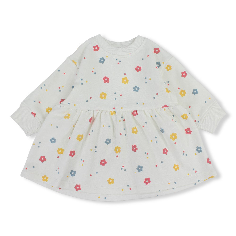Baby Girls Cotton Dress – Off-White with Flowers Print