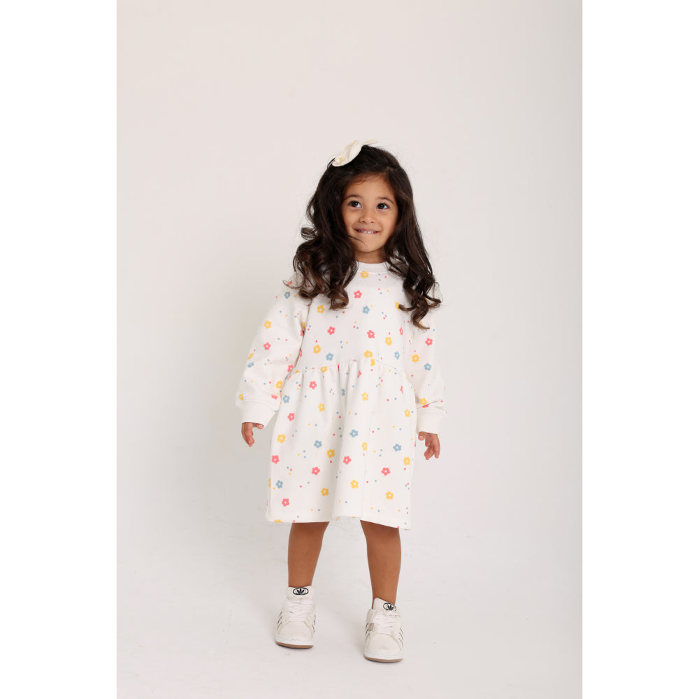 Baby Girls Cotton Dress – Off-White with Flowers Print