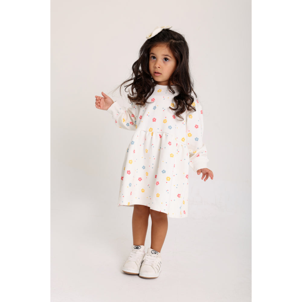 Baby Girls Cotton Dress – Off-White with Flowers Print