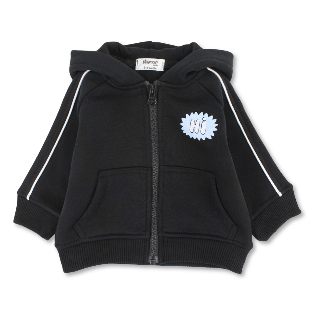 Unisex Baby Cotton Hoodie – Black with “Hi“ Design