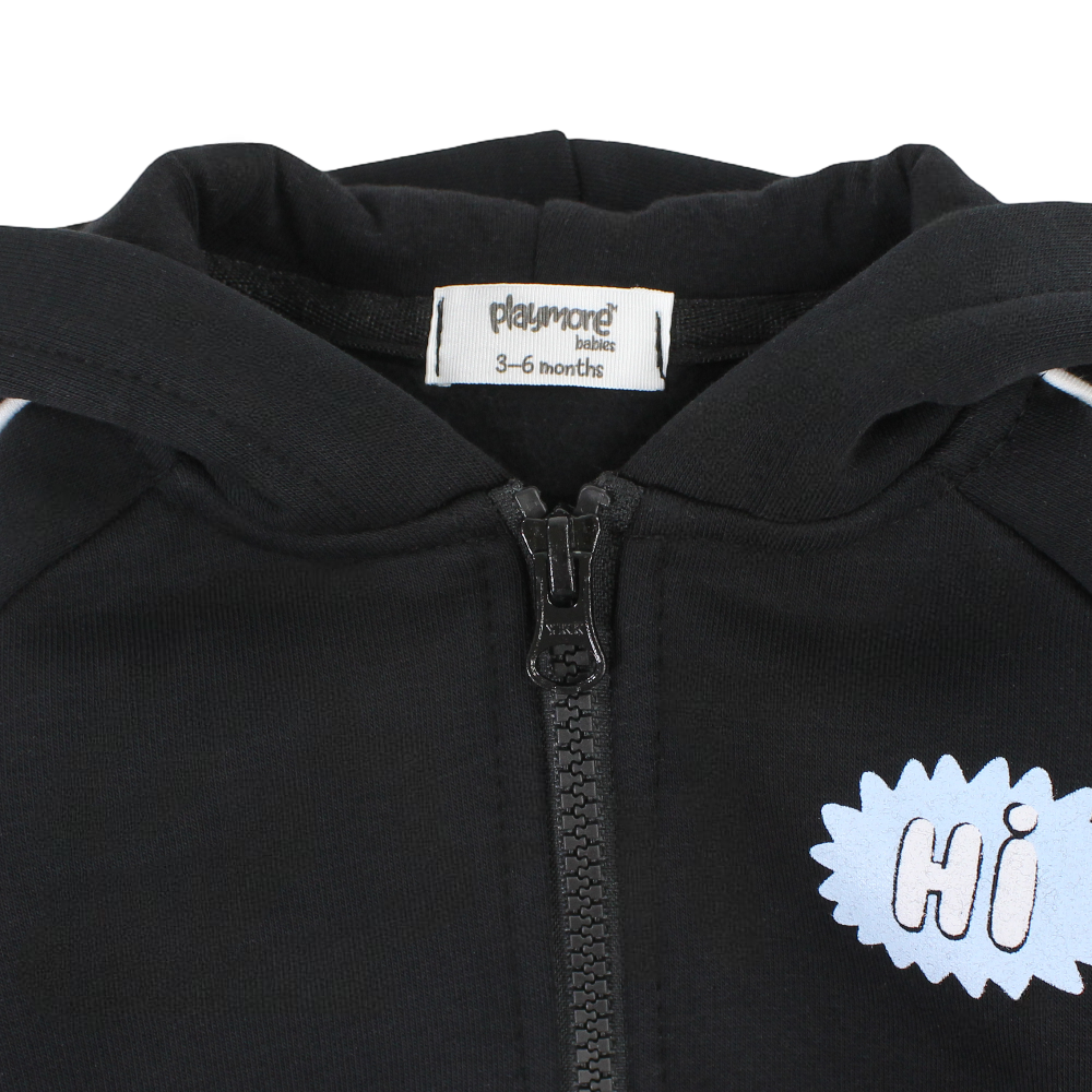 Unisex Baby Cotton Hoodie – Black with “Hi“ Design