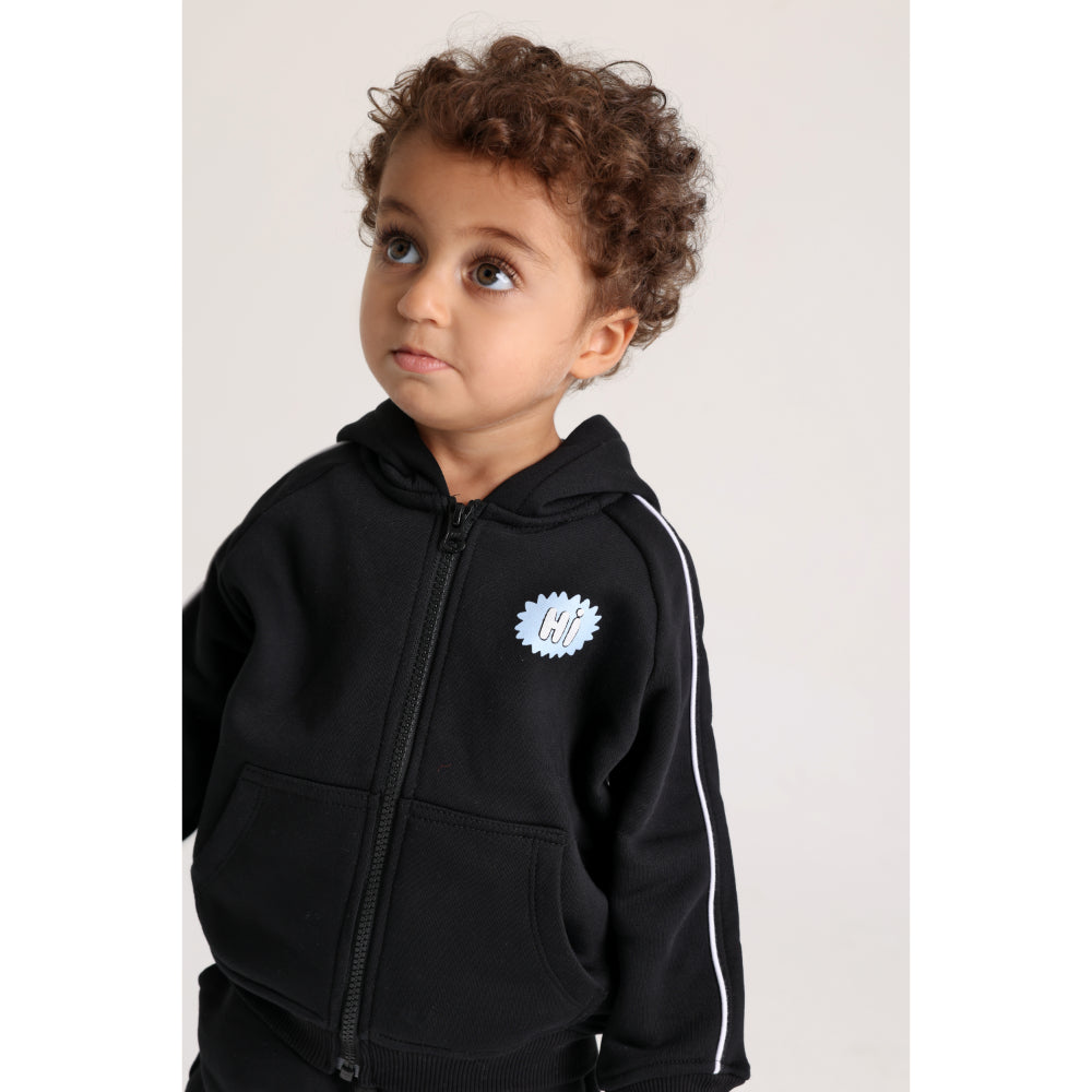 Unisex Baby Cotton Hoodie – Black with “Hi“ Design