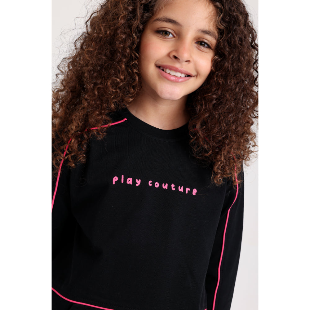 Girls Cotton T-Shirt – Black with "Play Couture" Print