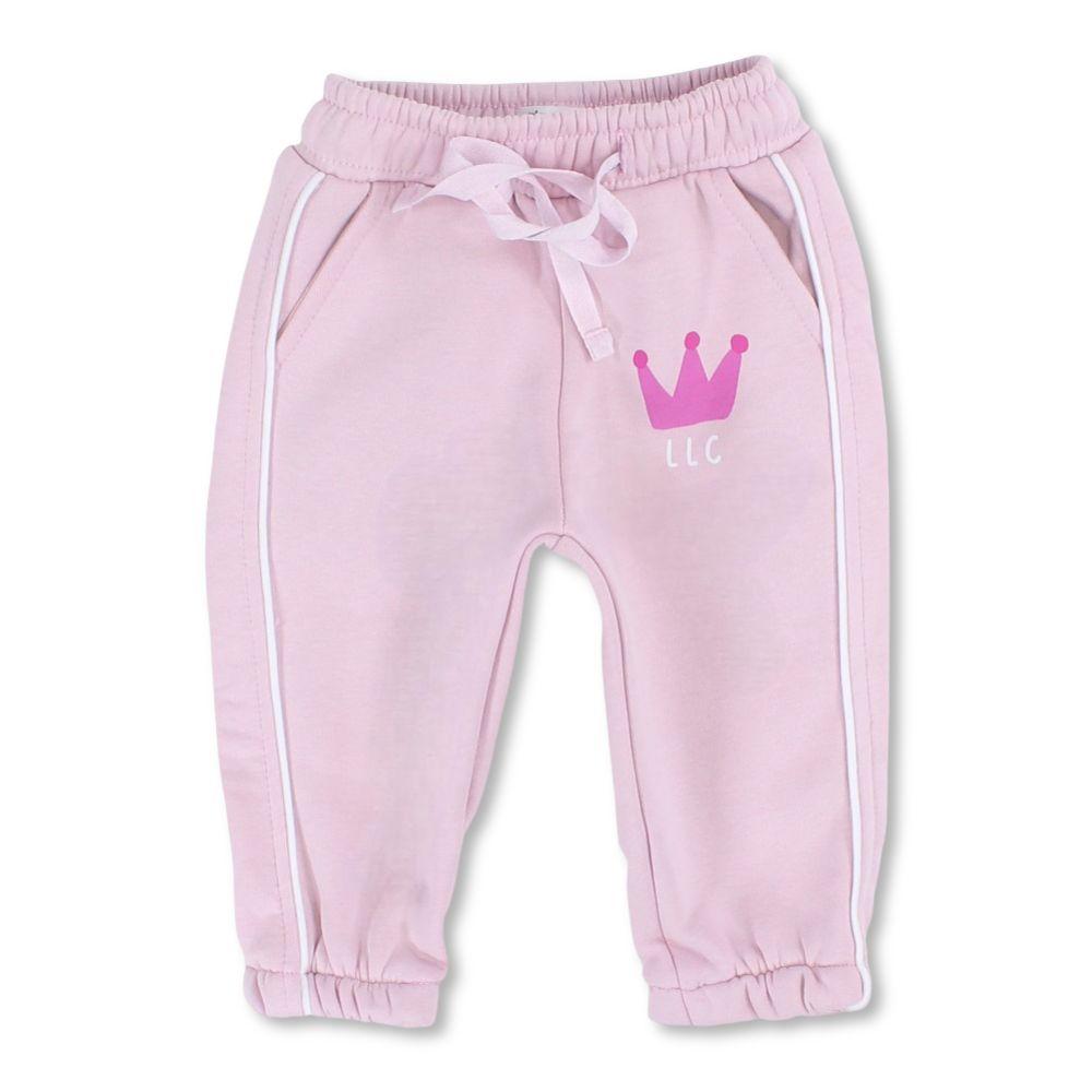 Baby Girls Cotton Sweatpants – Pink with Crown Print