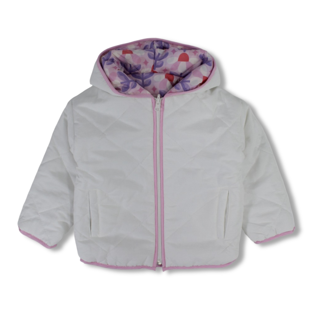 Baby Girls Waterproof Reversible Quilted Jacket –Off White & Pink Floral
