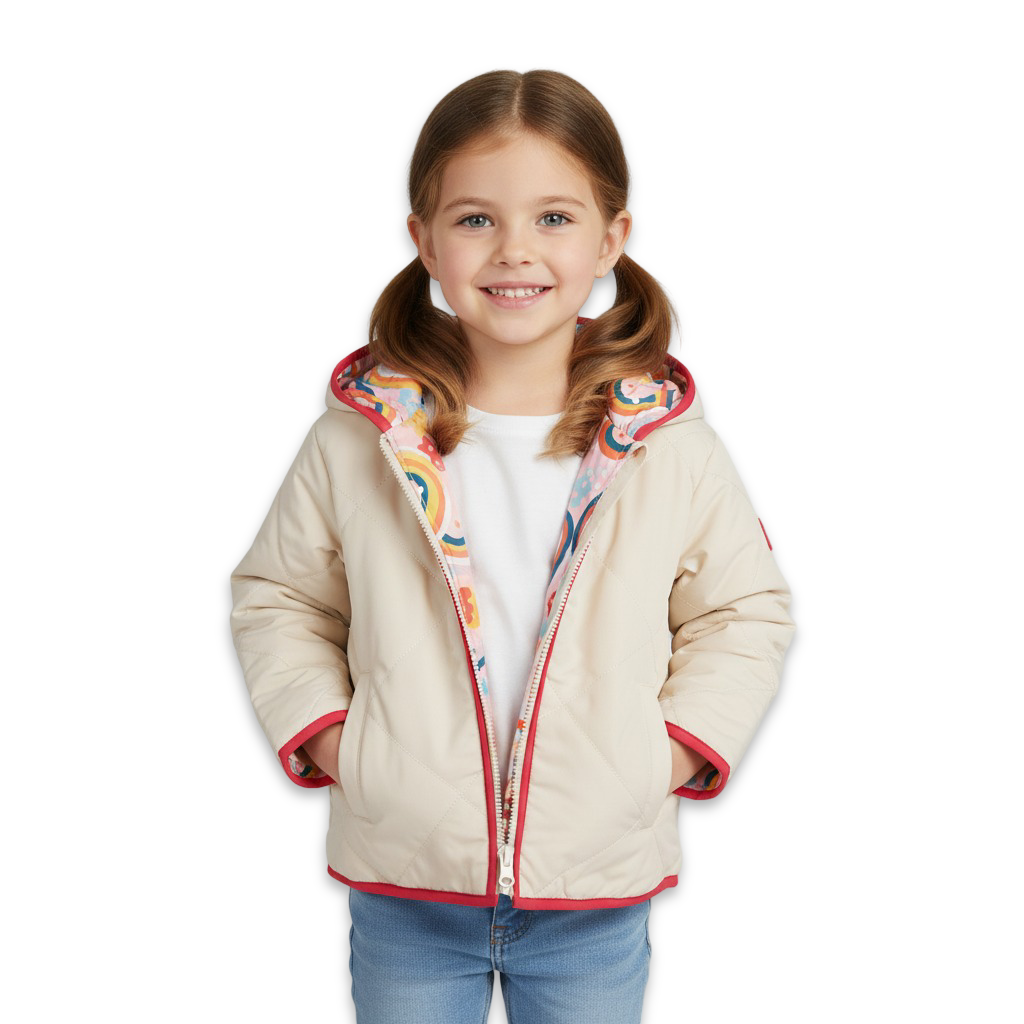 Baby Girls Waterproof Reversible Jacket – Beige & Pink