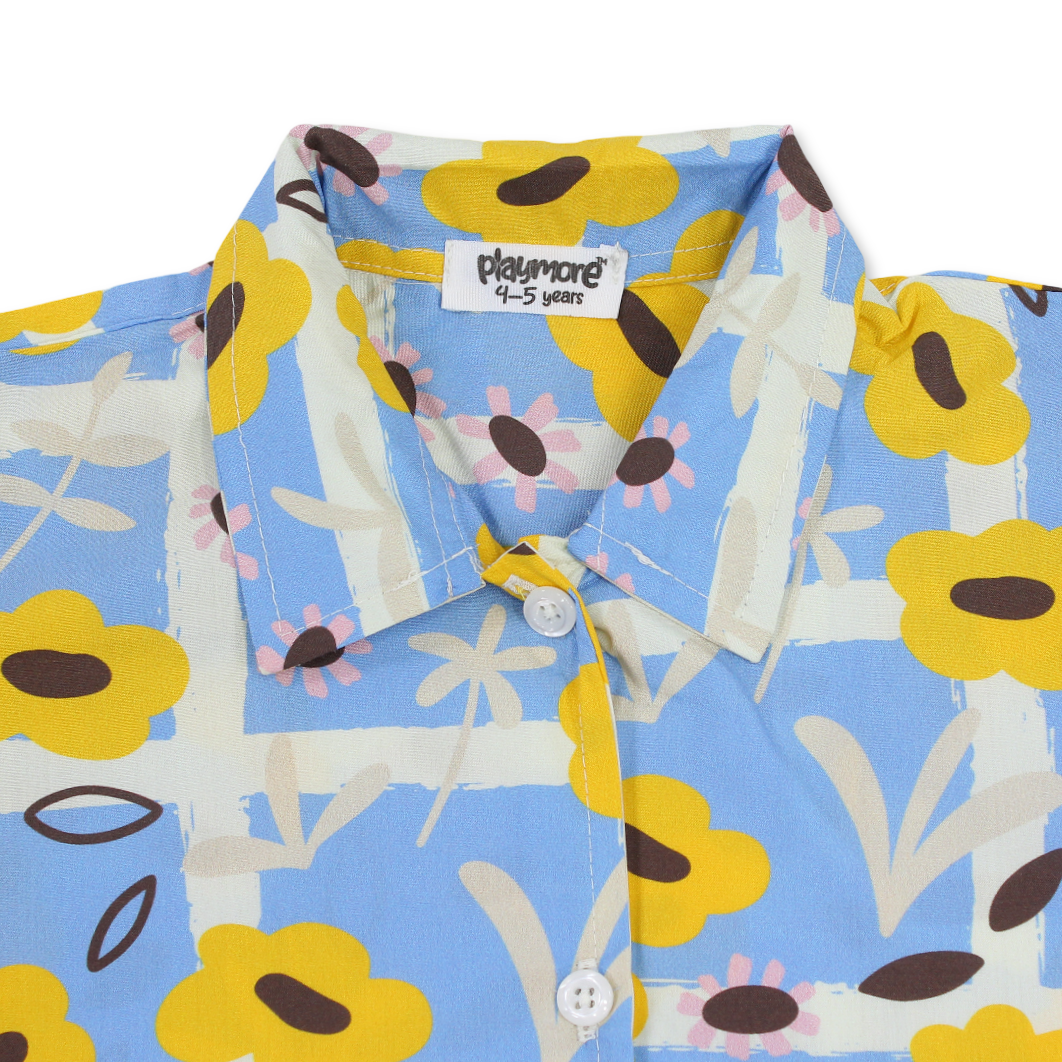 Girls Cotton Short-Sleeved Shirt – Baby Blue with Flowers Print