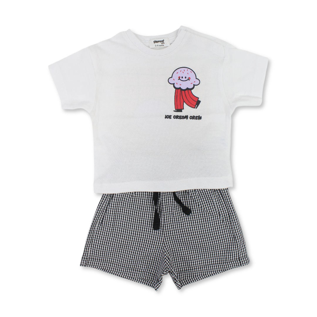 Unisex Baby Cotton Outfit Set – White & Black with "Ice Cream Crew" Print - Clothing - Playmore