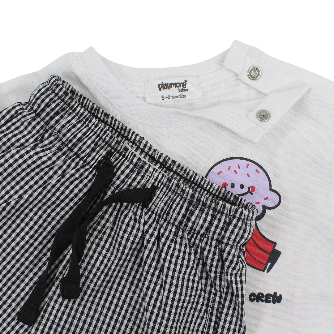 Unisex Baby Cotton Outfit Set – White & Black with "Ice Cream Crew" Print
