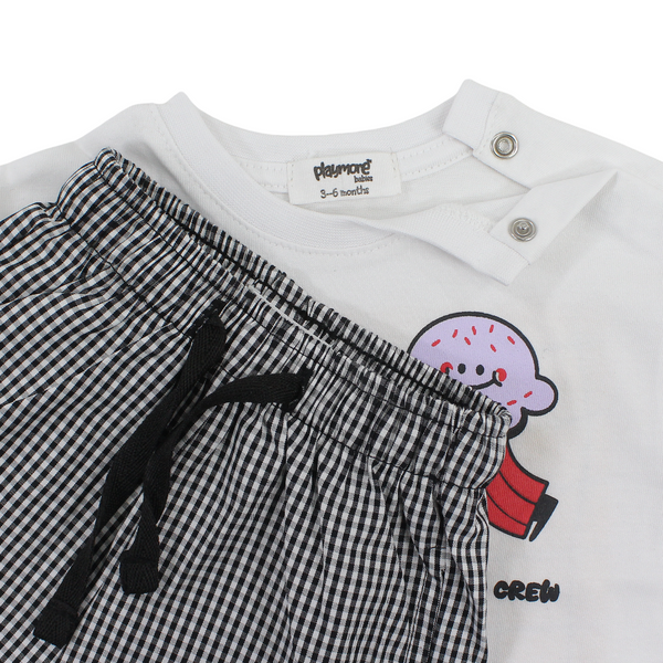 Unisex Baby Cotton Outfit Set – White & Black with "Ice Cream Crew" Print