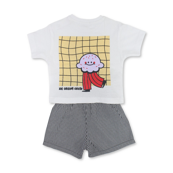 Unisex Baby Cotton Outfit Set – White & Black with "Ice Cream Crew" Print