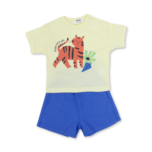 Baby Boys Cotton Outfit Set – Yellow & Blue with Tiger Print