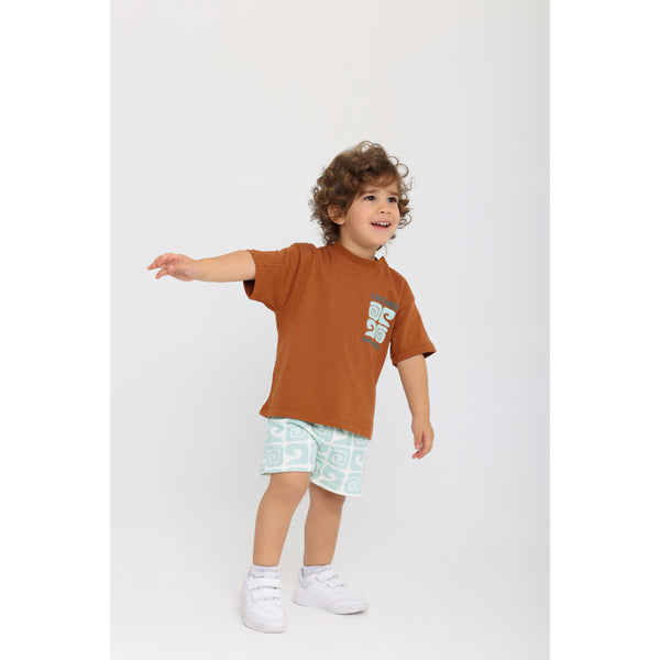 Baby Boys Cotton Outfit Set – Brown & Mint with "Catching The Waves" Print
