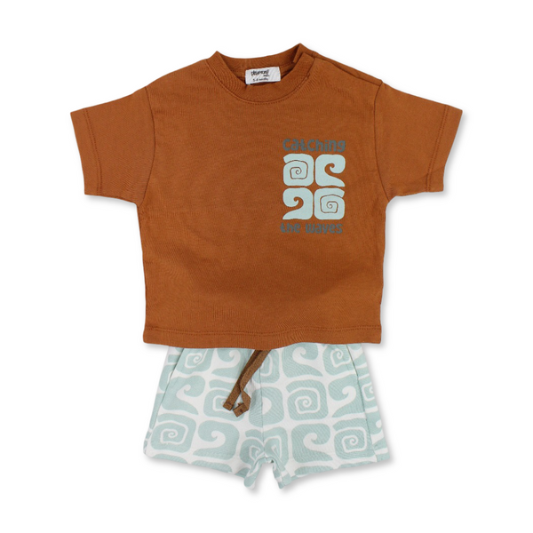 Baby Boys Cotton Outfit Set – Brown & Mint with "Catching The Waves" Print