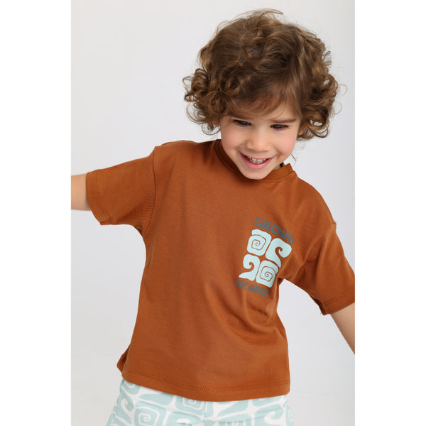Baby Boys Cotton Outfit Set – Brown & Mint with "Catching The Waves" Print