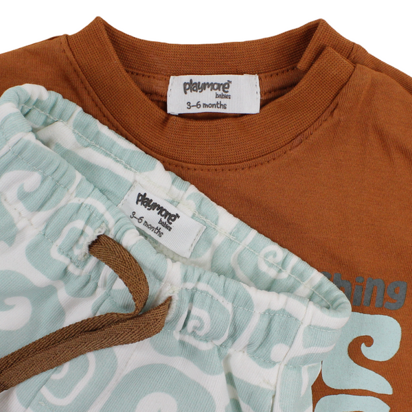 Baby Boys Cotton Outfit Set – Brown & Mint with "Catching The Waves" Print
