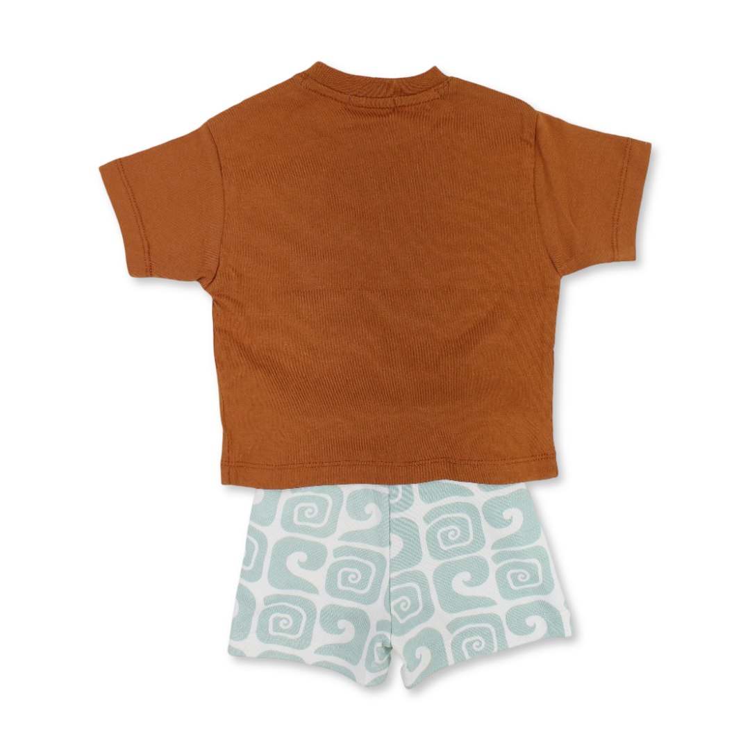 Baby Boys Cotton Outfit Set – Brown & Mint with "Catching The Waves" Print