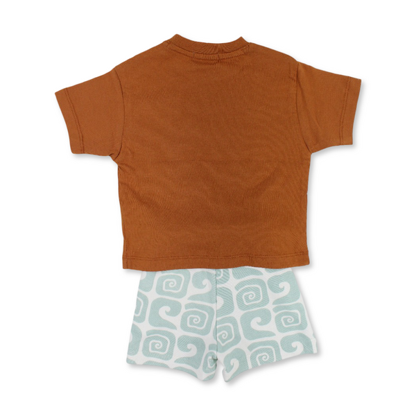 Baby Boys Cotton Outfit Set – Brown & Mint with "Catching The Waves" Print