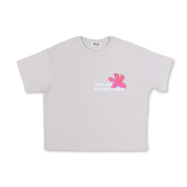 Girls Cotton T-Shirt – Beige "Just a Girl Who Loved Flowers" Print