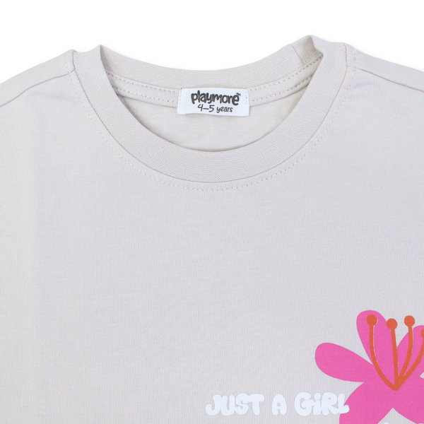Girls Cotton T-Shirt – Beige "Just a Girl Who Loved Flowers" Print