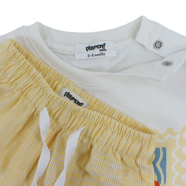 Unisex Baby Cotton Outfit Set – Off-White & Yellow Printed