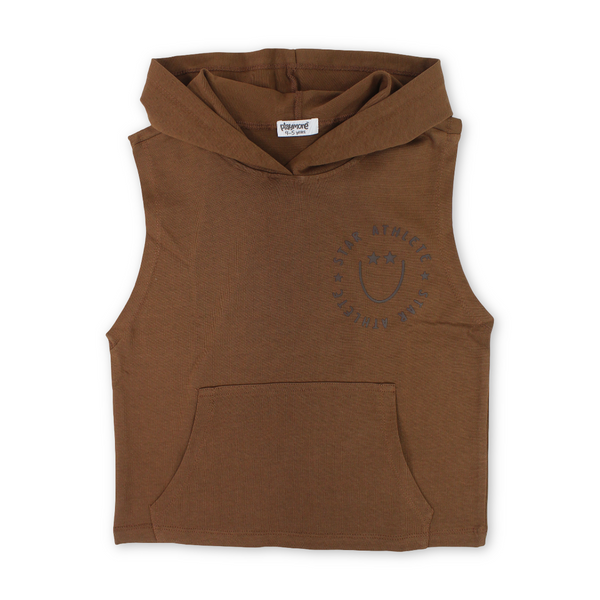 Boys Cotton Hooded Sleeveless T-Shirt – Brown with "Star Athlete" Print