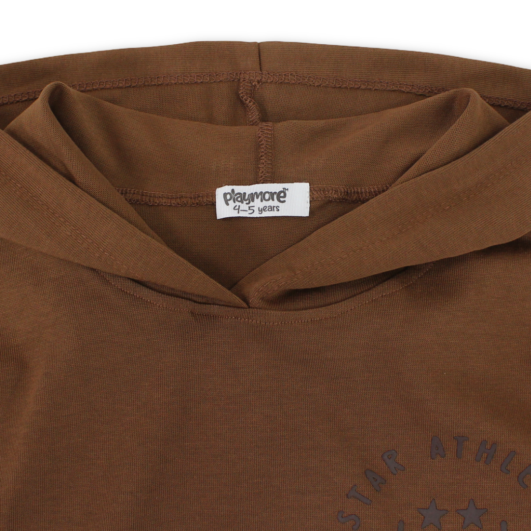 Boys Cotton Hooded Sleeveless T-Shirt – Brown with "Star Athlete" Print