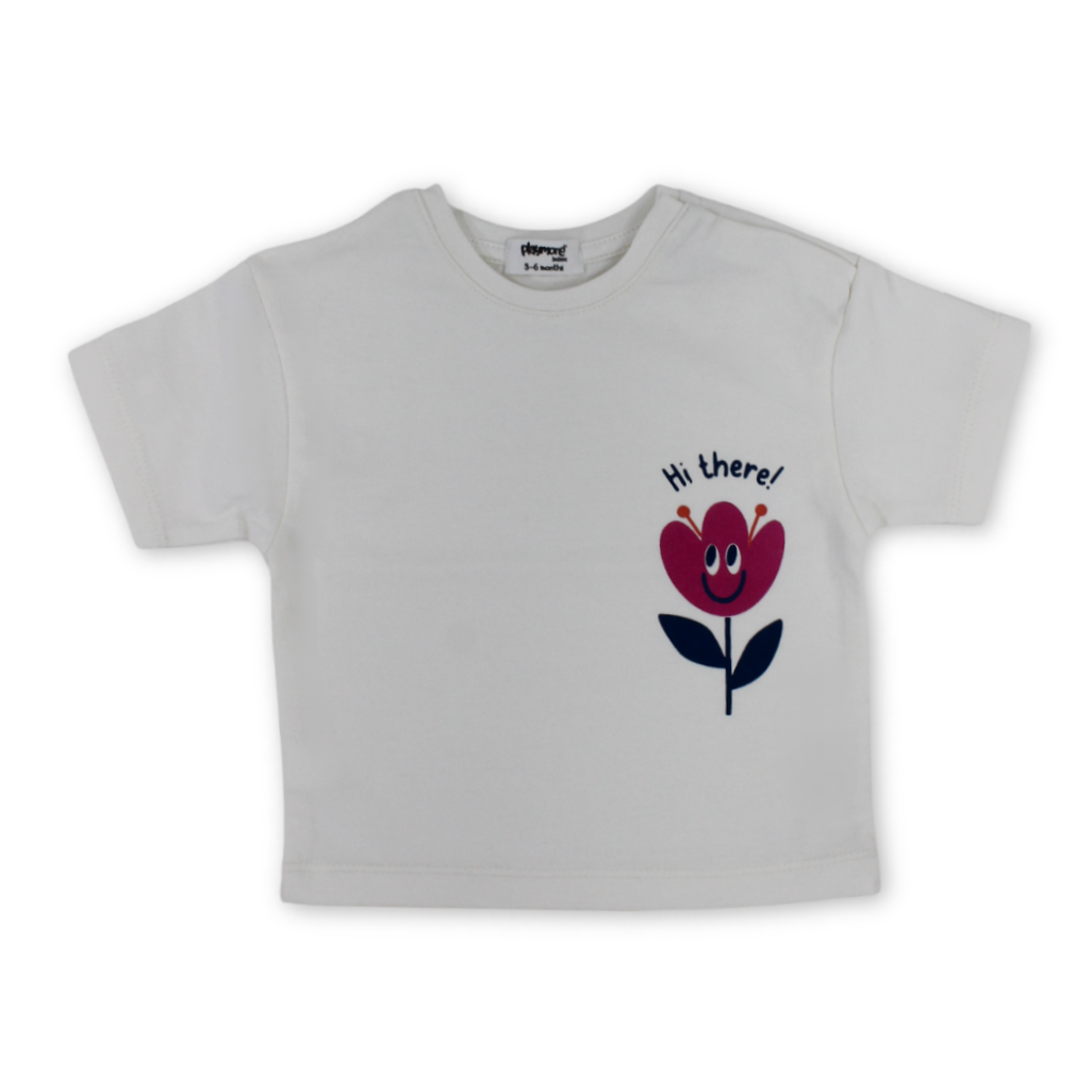 Baby Girls Cotton T-Shirt – Off-White with Flower Print