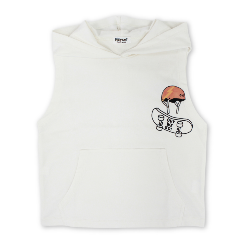 Boys Cotton Hooded Sleeveless T-Shirt – Off-White with "Out We Go" Print