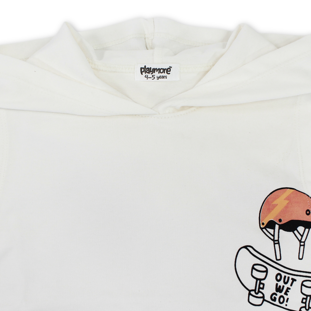 Boys Cotton Hooded Sleeveless T-Shirt – Off-White with "Out We Go" Print