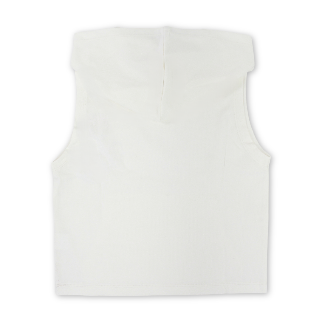 Boys Cotton Hooded Sleeveless T-Shirt – Off-White with "Out We Go" Print