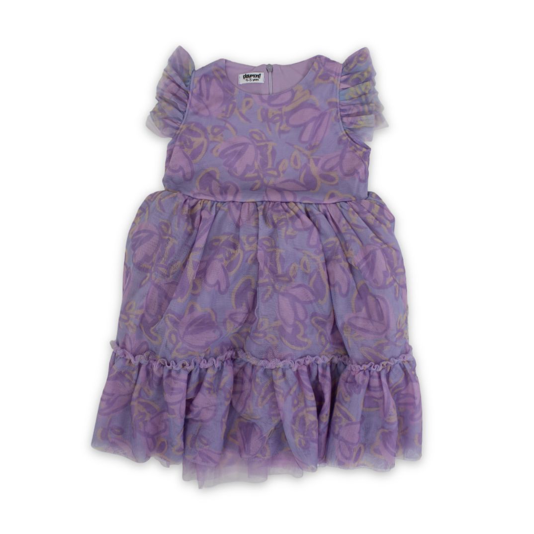 Girls Tulle Sleeveless Dress – Purple with Flowers Print