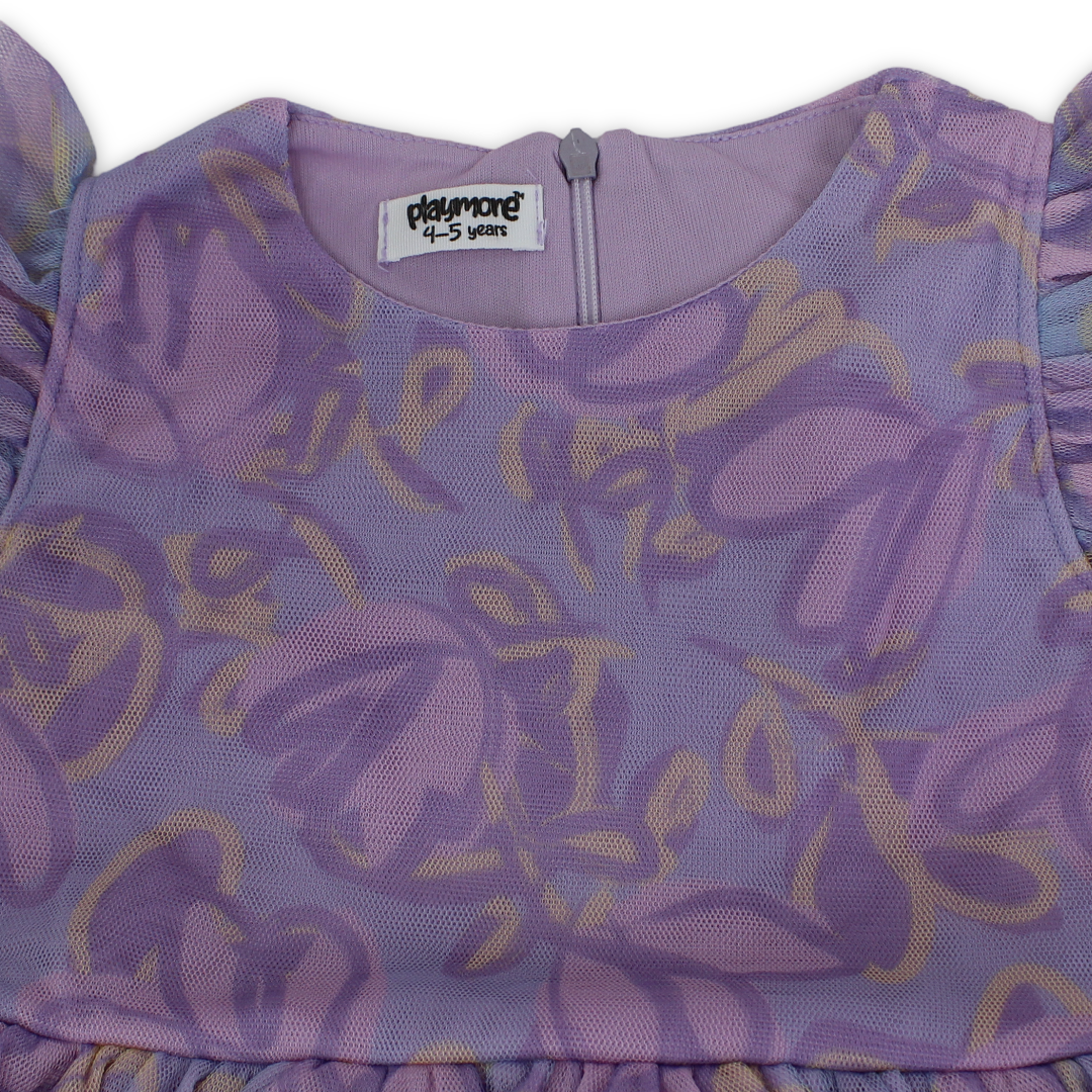 Girls Tulle Sleeveless Dress – Purple with Flowers Print