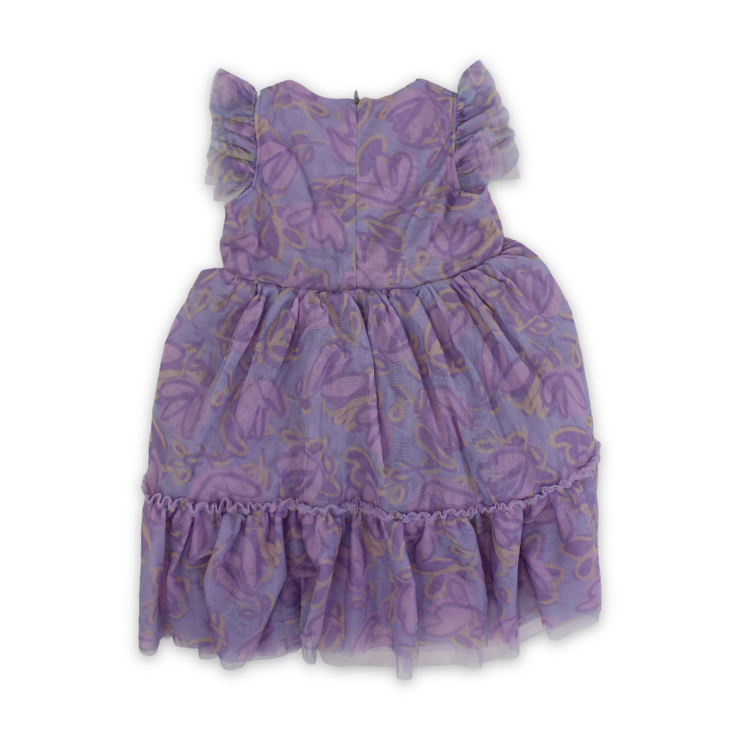 Girls Tulle Sleeveless Dress – Purple with Flowers Print