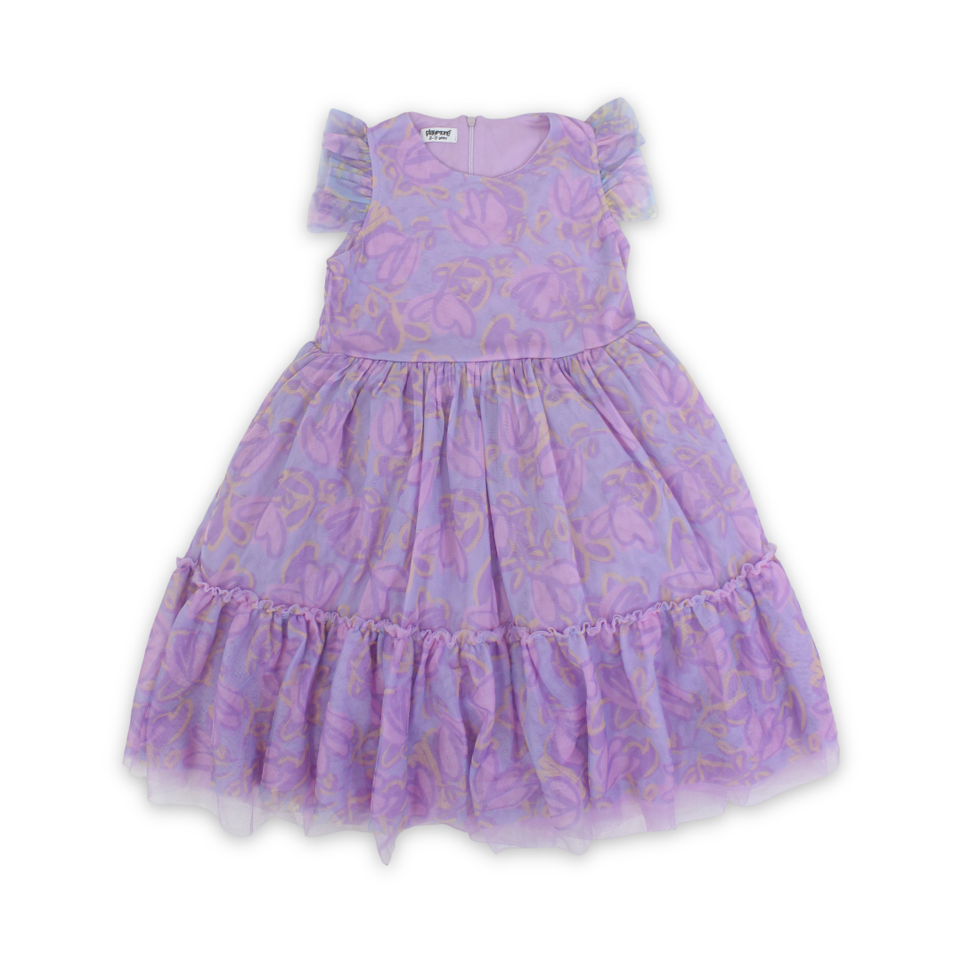 Girls Tulle Sleeveless Dress – Purple with Flowers Print
