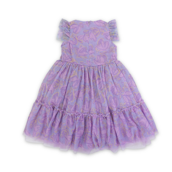 Girls Tulle Sleeveless Dress – Purple with Flowers Print