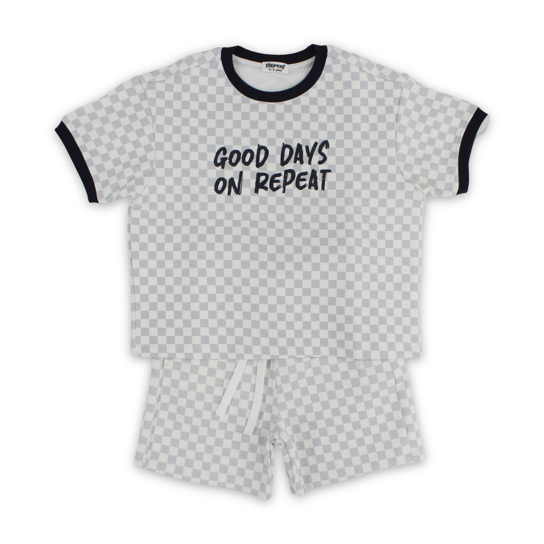 Boys Cotton Outfit Set – Off-White & Grey with "Good Days No Repeat" Print