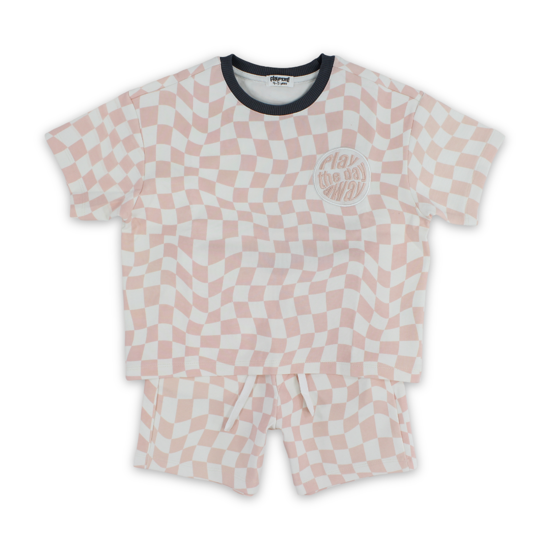 Boys Cotton Outfit Set – Off-White & Salmon with "Play The Day Away" Embroidery