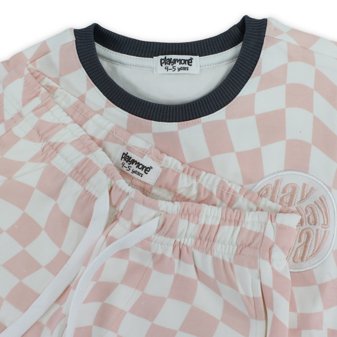 Boys Cotton Outfit Set – Off-White & Salmon with "Play The Day Away" Embroidery