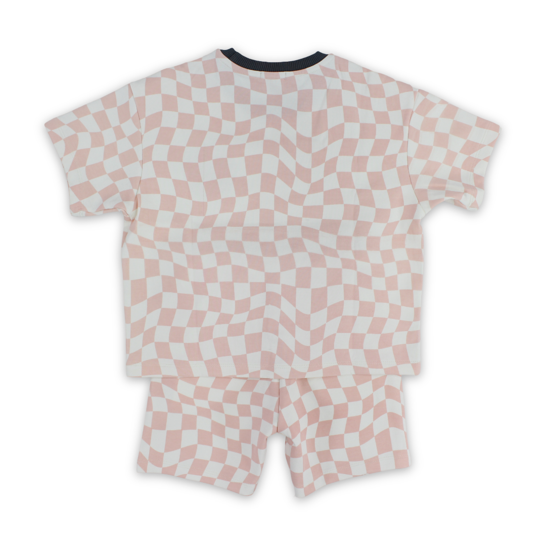 Boys Cotton Outfit Set – Off-White & Salmon with "Play The Day Away" Embroidery