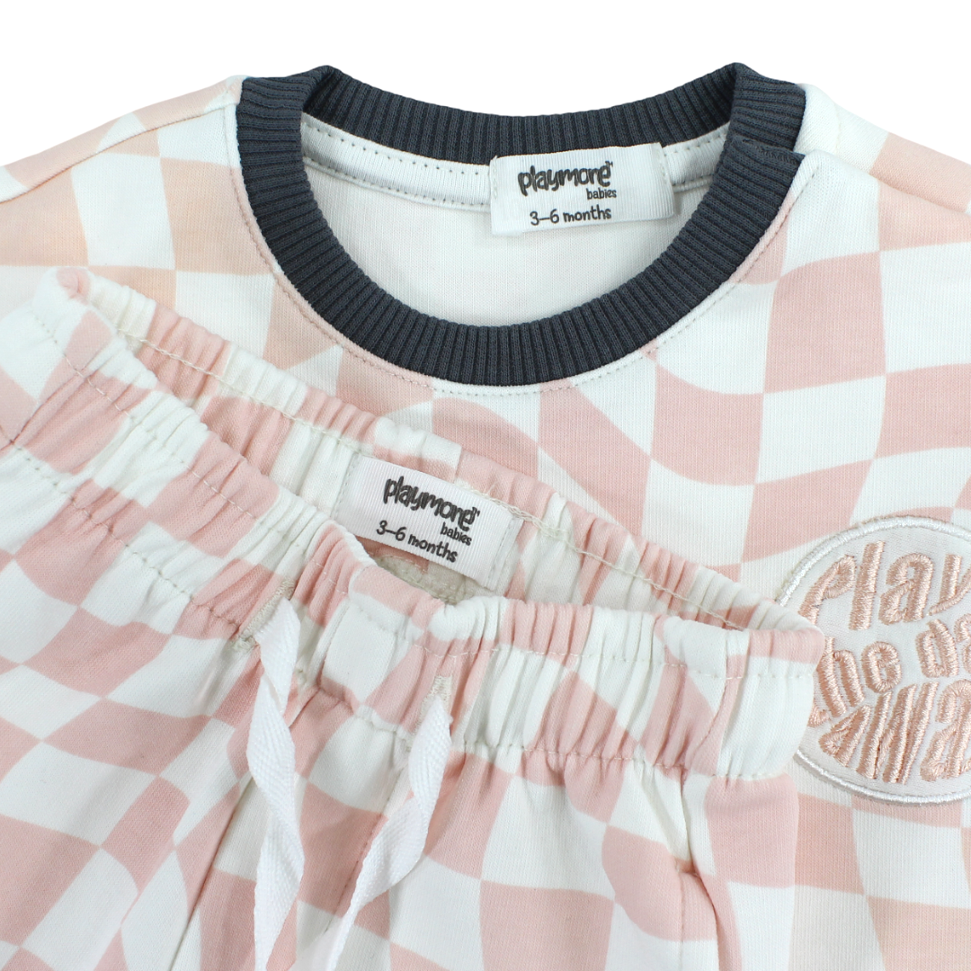 Baby Boys Cotton Outfit Set – Off-White & Salmon with "Play The Day Away" Embroidery