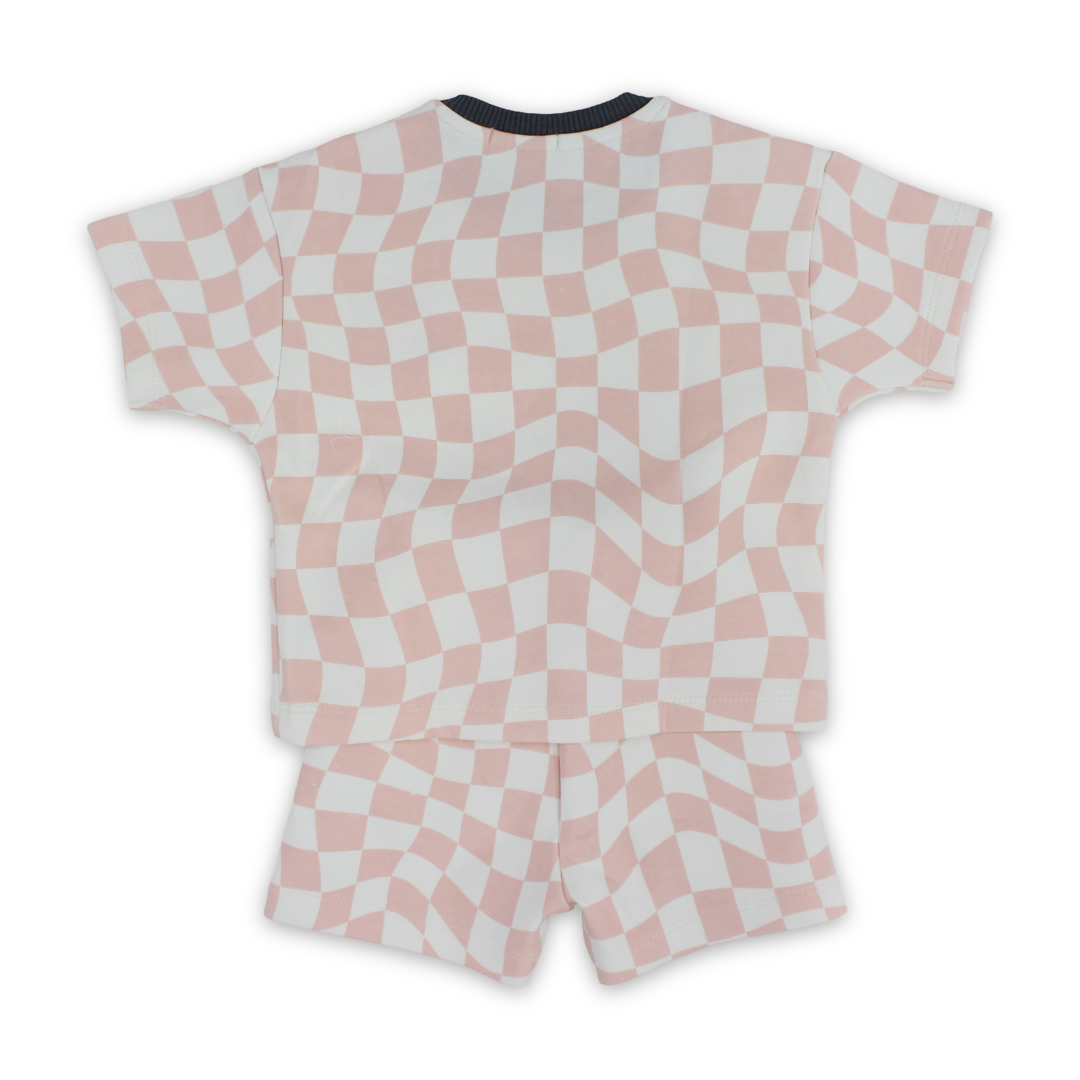 Baby Boys Cotton Outfit Set – Off-White & Salmon with "Play The Day Away" Embroidery