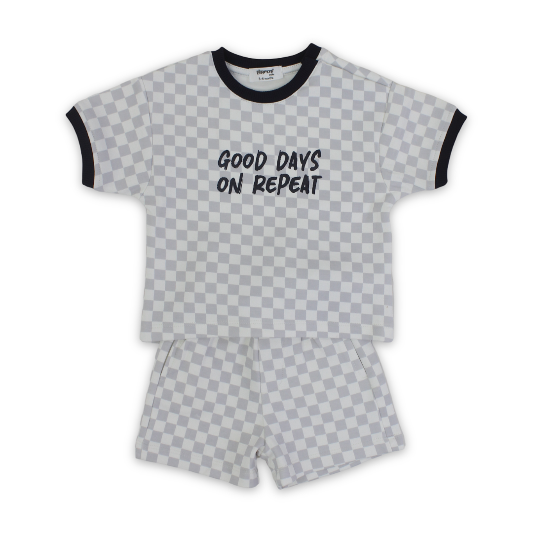 Baby Boys Cotton Outfit Set – Off-White & Grey with "Good Days No Repeat" Print