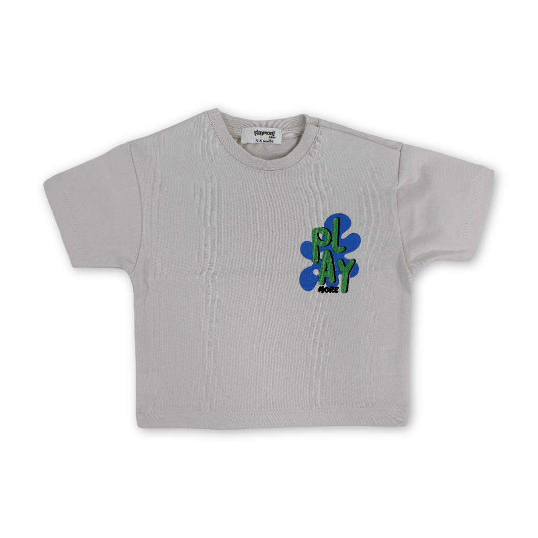 Baby Boys Cotton T-Shirt – Beige with "Play More" Print