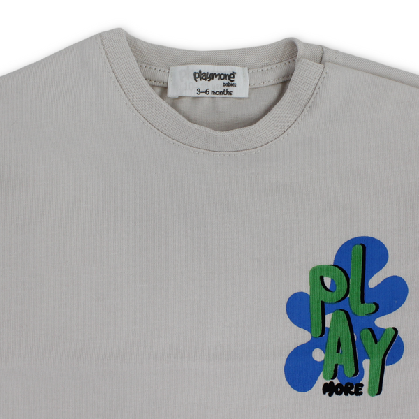 Baby Boys Cotton T-Shirt – Beige with "Play More" Print