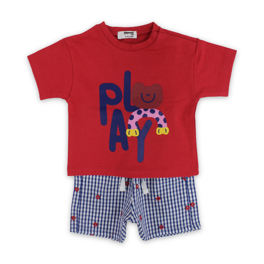 Baby Girls Cotton Outfit Set – Red & Navy with "Play" Print
