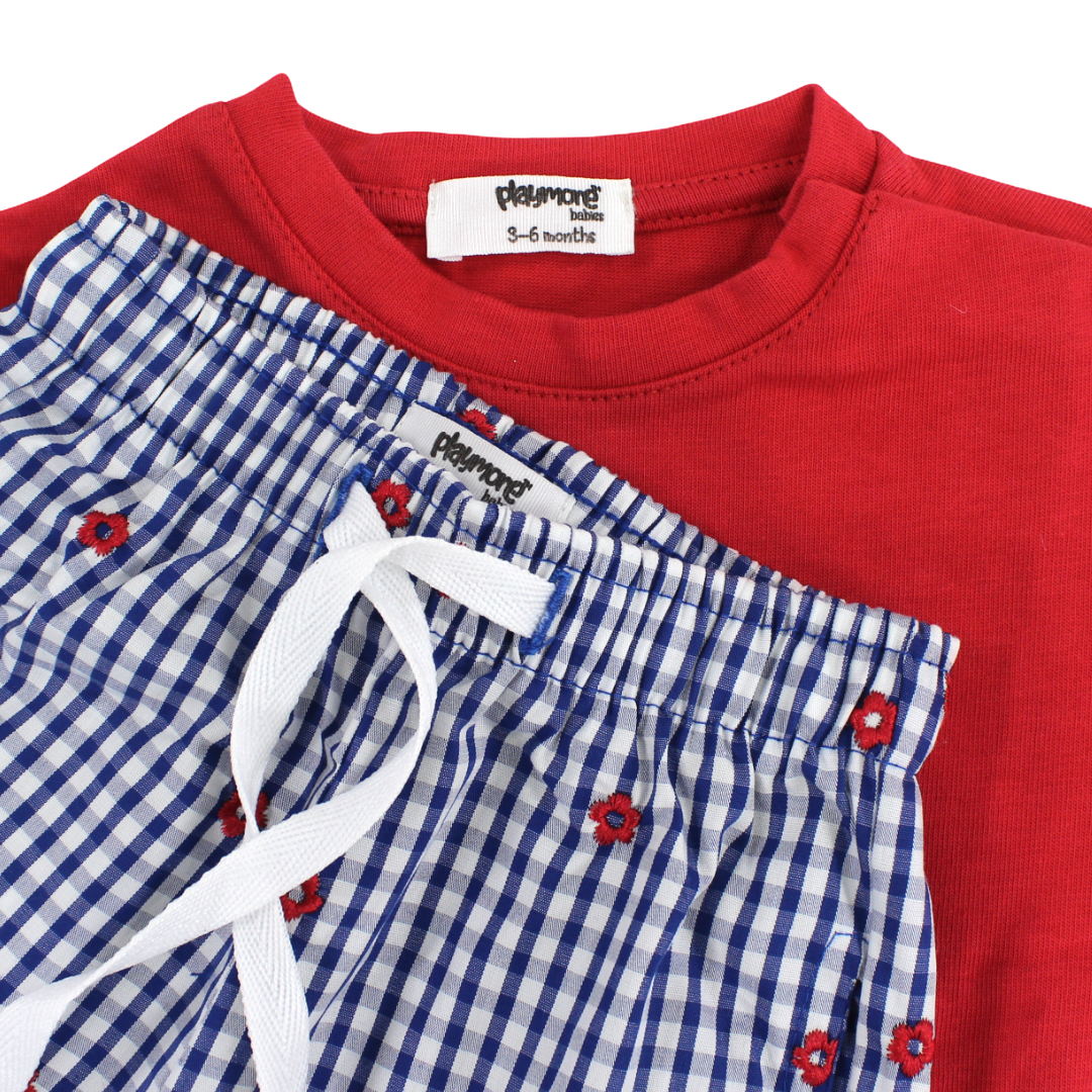 Baby Girls Cotton Outfit Set – Red & Navy with "Play" Print
