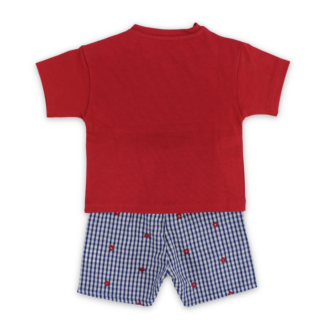 Baby Girls Cotton Outfit Set – Red & Navy with "Play" Print