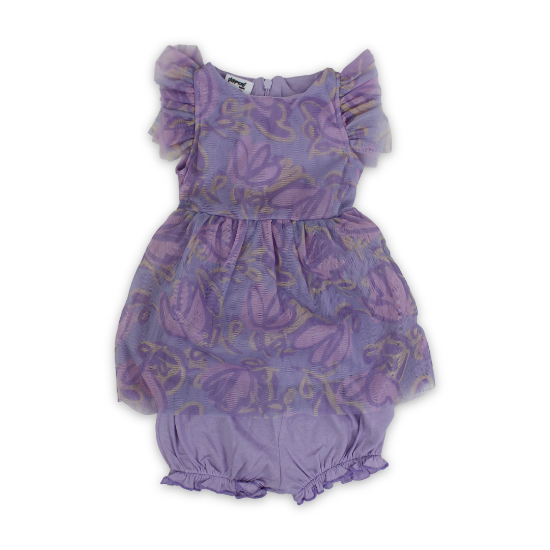 Baby Girls Tulle Sleeveless Dress – Purple with Flowers Print